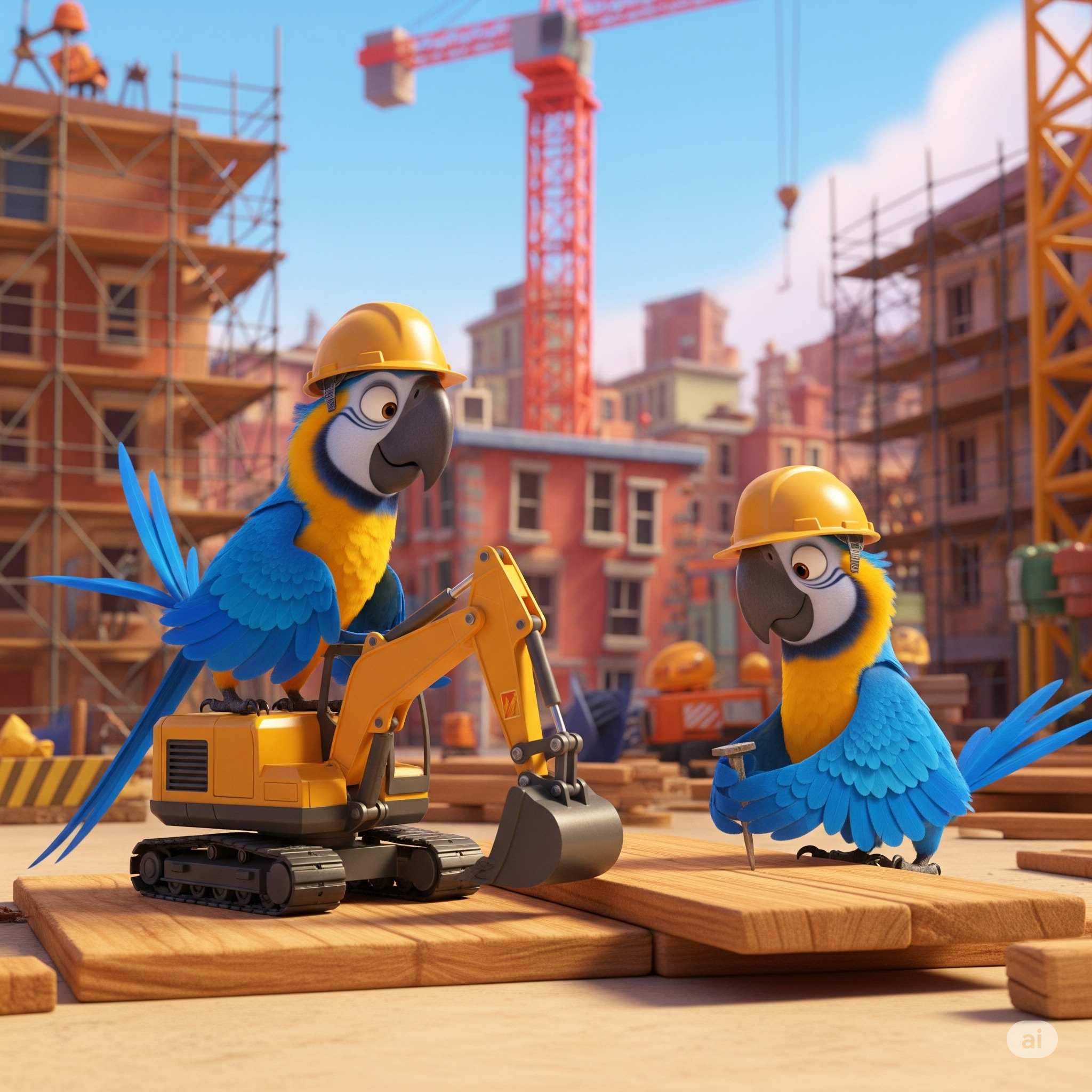 Blue and gold Macaws building stuff
