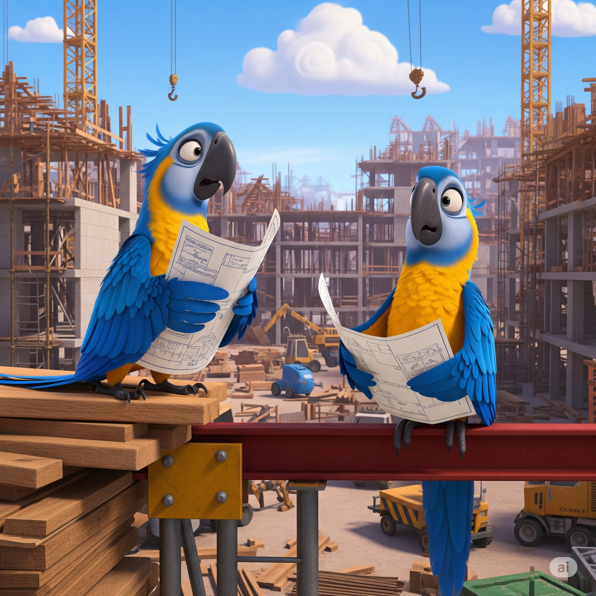 Blue and gold Macaws looking at blueprints with confusion.